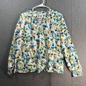 Denim & Co. Printed Smocked Cuff Woven Blouse White, Large
